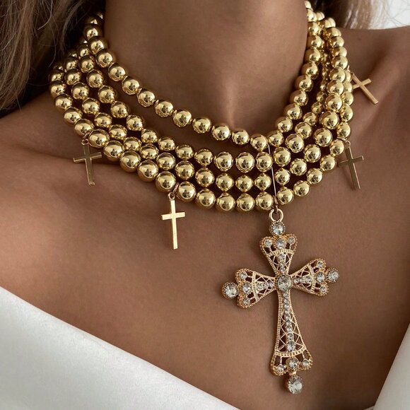 Gold Boho Women's Bohemian Multi-Layer Beaded Cross Pendant Necklace - Picture 1 of 6